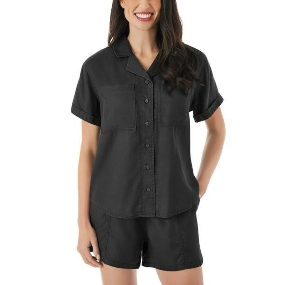 Women Tencel Camp Black Button-Up Shirt Size M Short Sleeves New